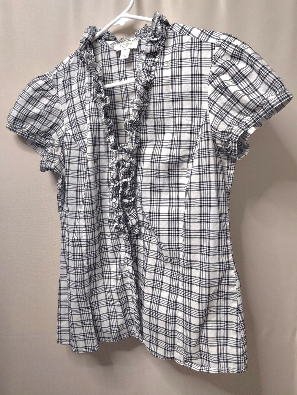 LOFT Black and White Plaid Ruffled V-Neck Blouse